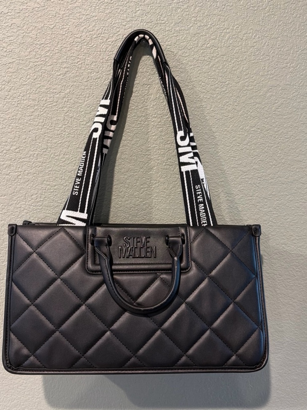 Steve Madden Black Quilted Tote with Logo Strap